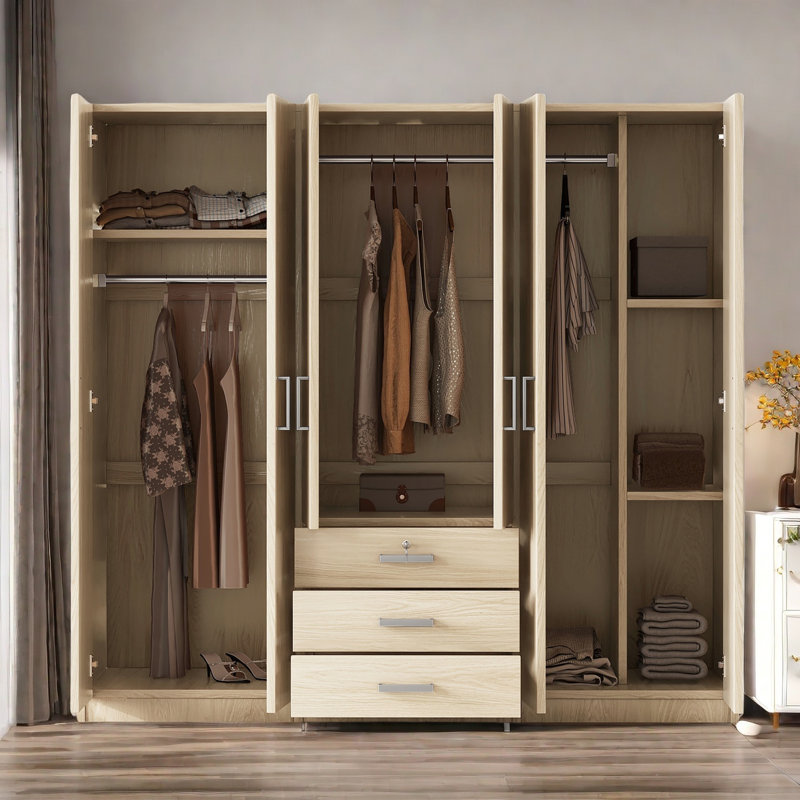 6 Doors Wooden Wardrobe Storage for Bedroom with Big Drawers Latitude Run Color Brown
